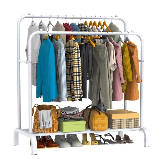 Double Pole Cloth Rack With Hooks And Bottom Single Layer Storage