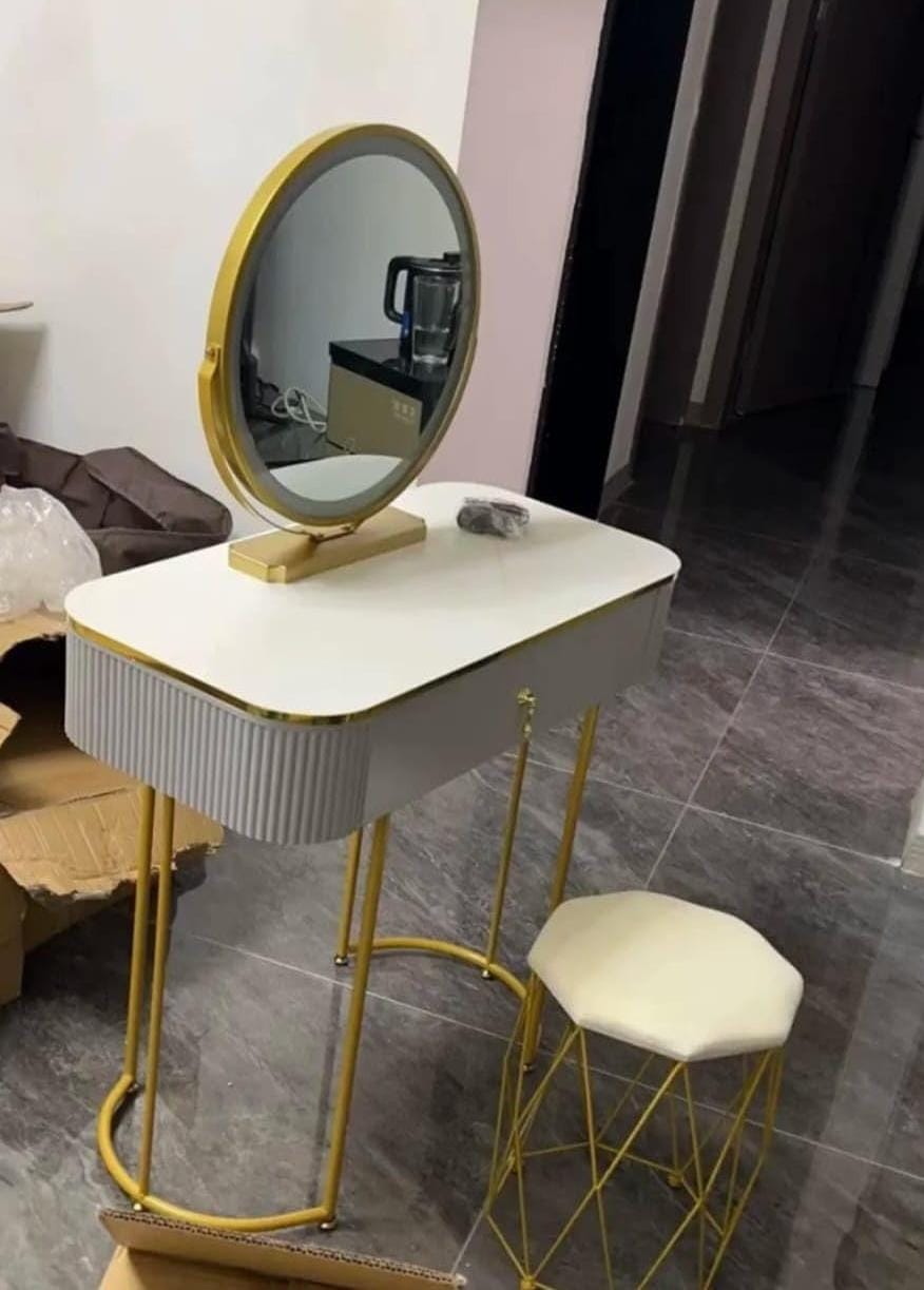 Vanity Desk With LED Lights Mirror, Dressing Table And Cushioned Stool Set