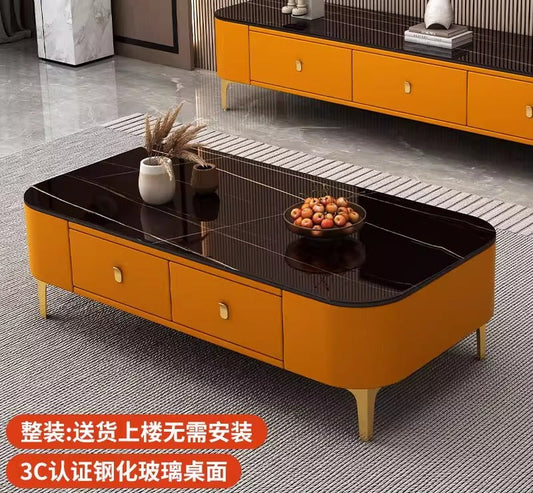 Modern rectangular coffee table featuring a white faux-marble tabletop