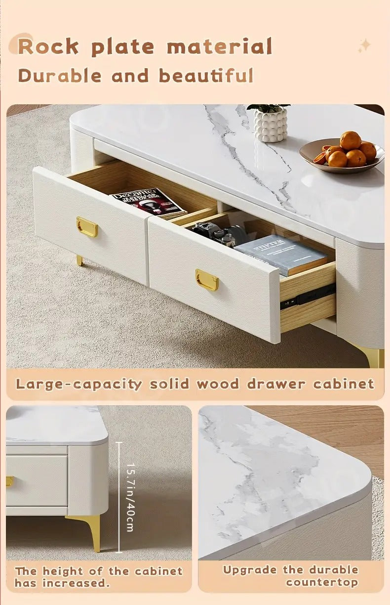 Modern rectangular coffee table featuring a white faux-marble tabletop