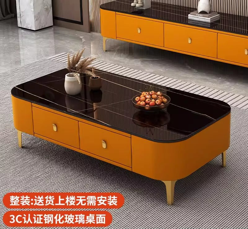 Modern rectangular coffee table featuring a white faux-marble tabletop