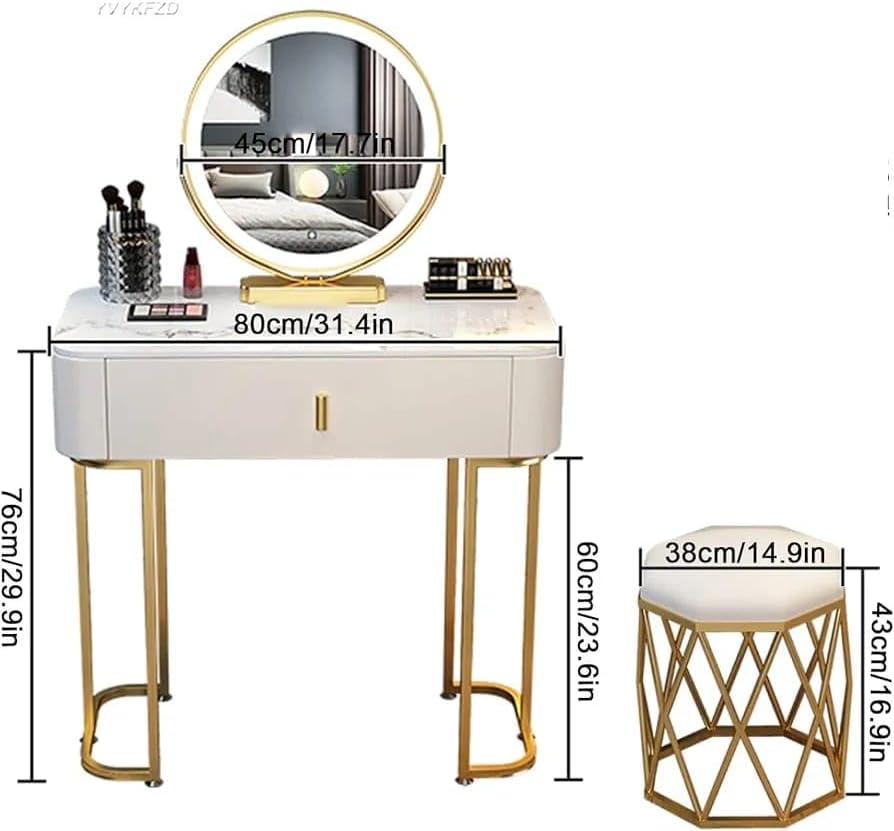 Vanity Desk With LED Lights Mirror, Dressing Table And Cushioned Stool Set
