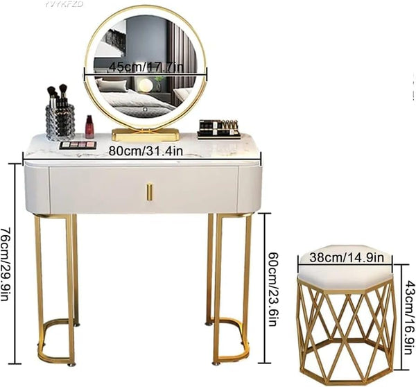 Vanity Desk With LED Lights Mirror, Dressing Table And Cushioned Stool Set