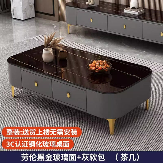 Modern rectangular coffee table featuring a white faux-marble tabletop